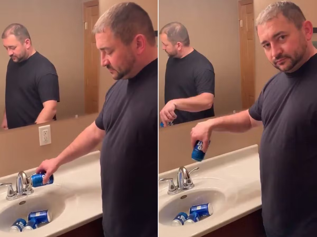 A man dumping Budlight beer down the sink in response to the Dylan Mulvaney campaign.