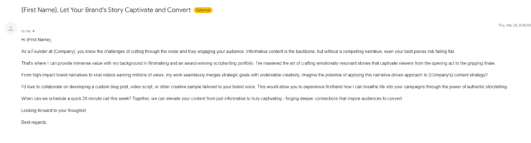 An example of a cold email that was sent to Natalie Michel, CEO & Founder of Nouvel Age Media. The content in the email is poorly written by AI and the email wasn't tested.