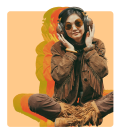 hippie girl with headphones and multicolored background