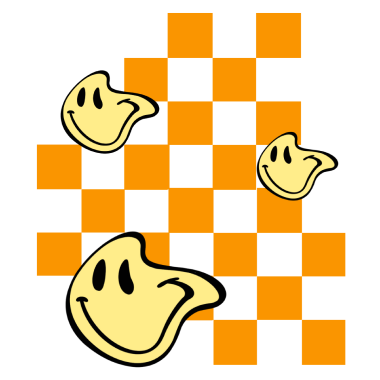 orange checkered background with happy marketing smiley faces